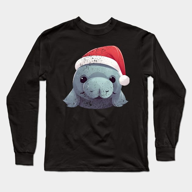 manatee in a Christmas hat distressed Long Sleeve T-Shirt by GraphGeek